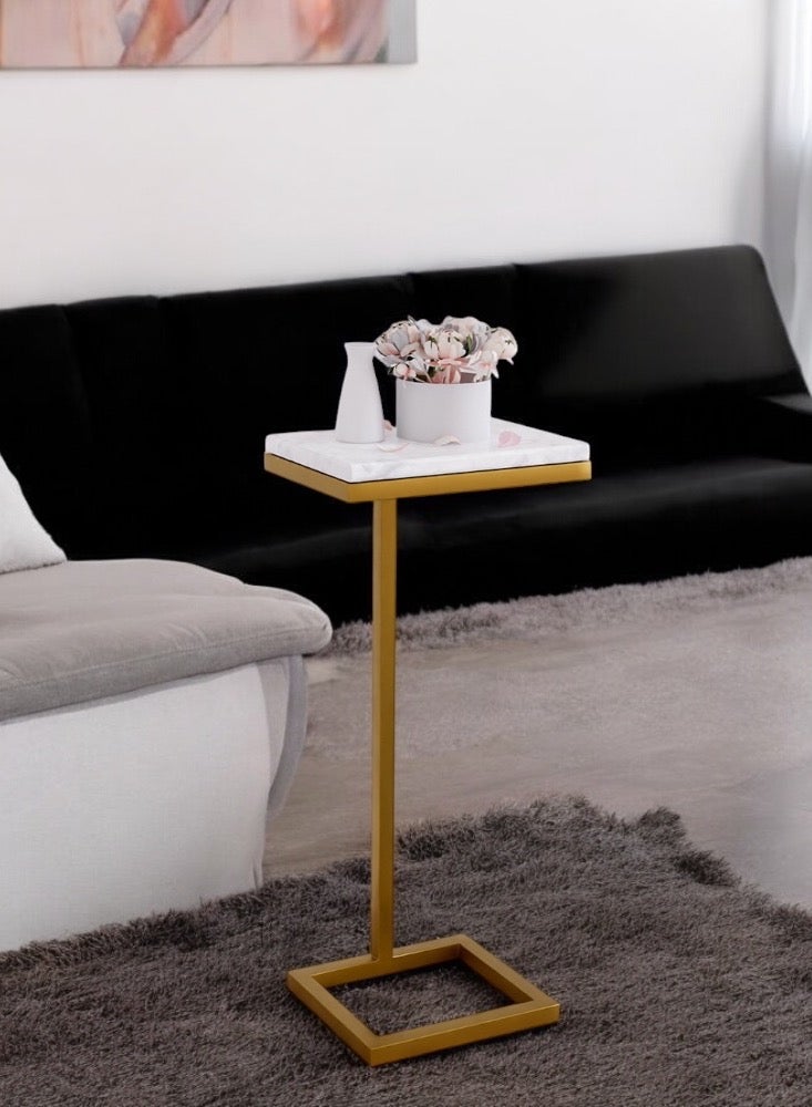 Mobellya Modern Minimalist Side Table with Gold Frame and  Marble Top - Sleek and Versatile C-Shaped Design - Image 2